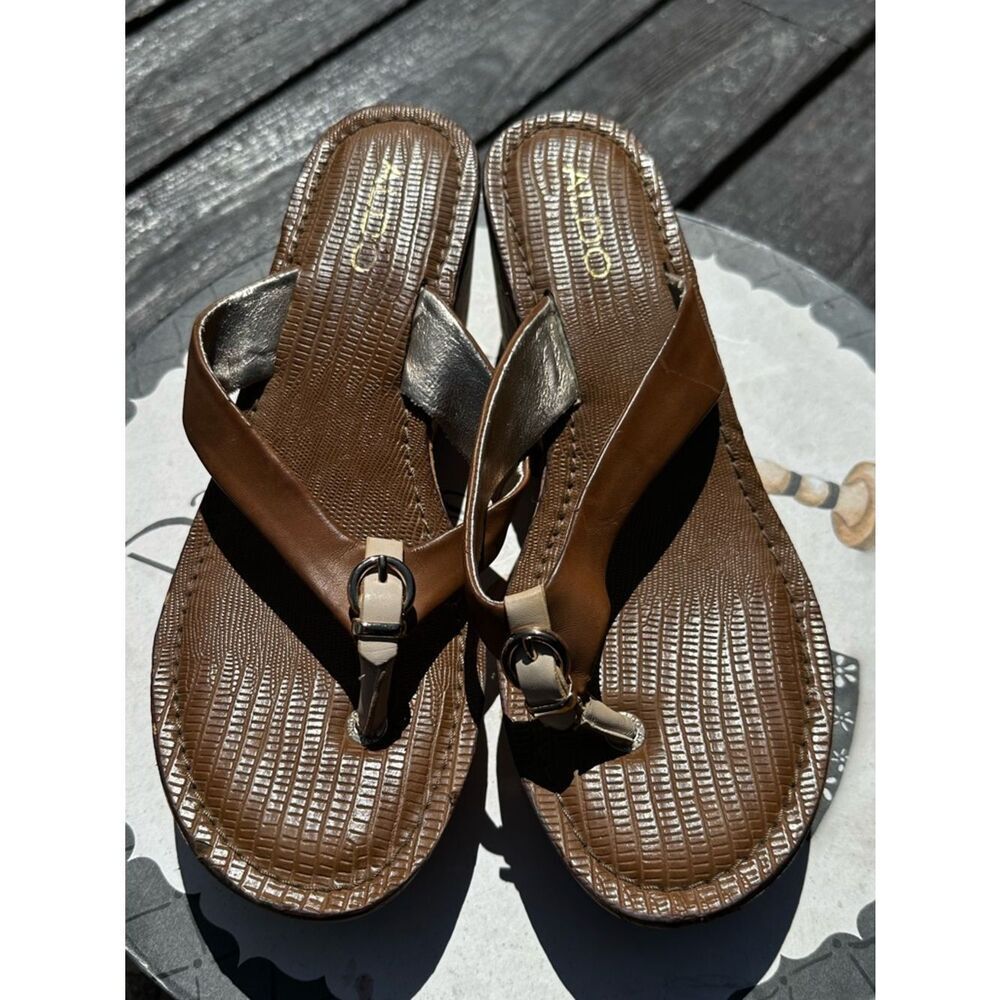 Aldo Brown Leather Thong Sandals with Buckle Detail